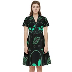 Alien Green Black Pattern Short Sleeve Waist Detail Dress by Ndabl3x