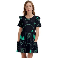 Alien Green Black Pattern Kids  Frilly Sleeves Pocket Dress by Ndabl3x