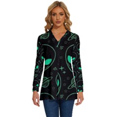 Alien Green Black Pattern Long Sleeve Drawstring Hooded Top by Ndabl3x