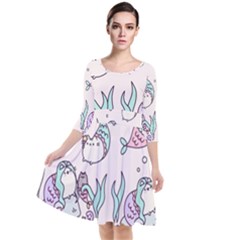 Cartoon Cat Cute Animal Kawaii Pastel Pattern Quarter Sleeve Waist Band Dress by Ndabl3x