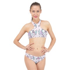 Cartoon Cat Cute Animal Kawaii Pastel Pattern High Neck Bikini Set by Ndabl3x