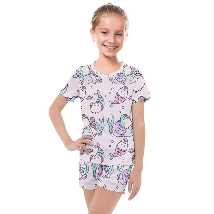 Cartoon Cat Cute Animal Kawaii Pastel Pattern Kids  Mesh T-Shirt and Shorts Set