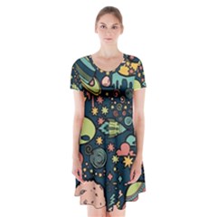 Alien Rocket Space Aesthetic Short Sleeve V-neck Flare Dress by Ndabl3x