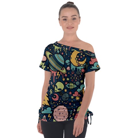 Alien Rocket Space Aesthetic Off Shoulder Tie-up T-shirt by Ndabl3x