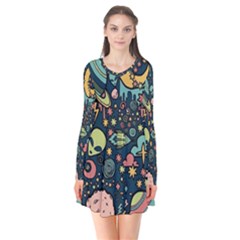 Alien Rocket Space Aesthetic Long Sleeve V-neck Flare Dress by Ndabl3x