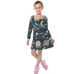 Alien Rocket Space Aesthetic Kids  Long Sleeve Velvet Dress by Ndabl3x