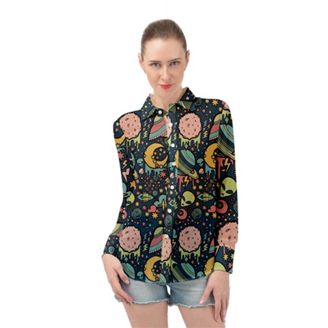 Alien Rocket Space Aesthetic Long Sleeve Chiffon Shirt by Ndabl3x