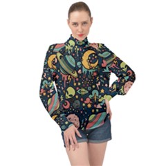 Alien Rocket Space Aesthetic High Neck Long Sleeve Chiffon Top by Ndabl3x