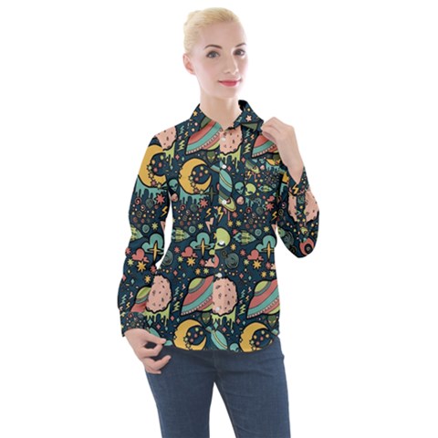 Alien Rocket Space Aesthetic Women s Long Sleeve Pocket Shirt by Ndabl3x