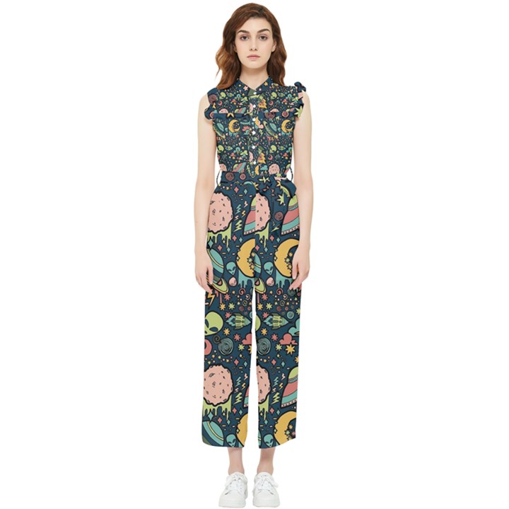 Alien Rocket Space Aesthetic Women s Frill Top Chiffon Jumpsuit