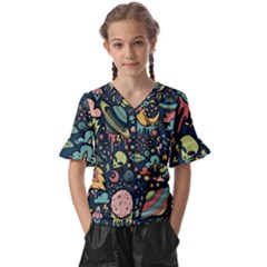 Alien Rocket Space Aesthetic Kids  V-neck Horn Sleeve Blouse by Ndabl3x