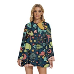 Alien Rocket Space Aesthetic Round Neck Long Sleeve Bohemian Style Chiffon Mini Dress by Ndabl3x