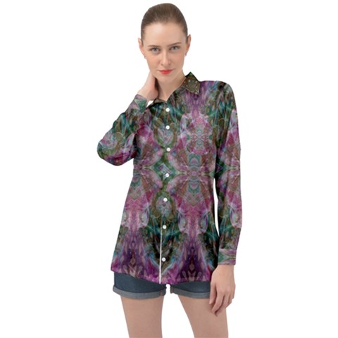 October Pour Blend  Long Sleeve Satin Shirt by kaleidomarblingart