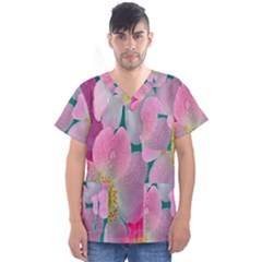 Pink Neon Flowers, Flower Men s V-neck Scrub Top