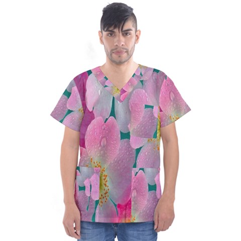 Pink Neon Flowers, Flower Men s V-neck Scrub Top by nateshop