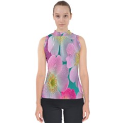 Pink Neon Flowers, Flower Mock Neck Shell Top by nateshop