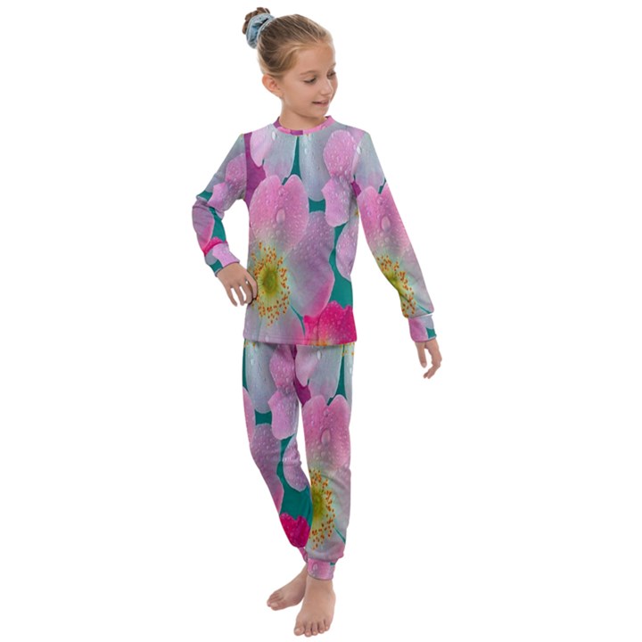 Pink Neon Flowers, Flower Kids  Long Sleeve Set 