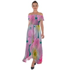 Pink Neon Flowers, Flower Off Shoulder Open Front Chiffon Dress by nateshop