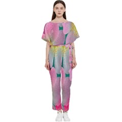 Pink Neon Flowers, Flower Batwing Lightweight Chiffon Jumpsuit