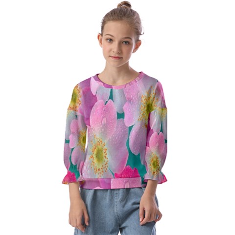 Pink Neon Flowers, Flower Kids  Cuff Sleeve Top by nateshop