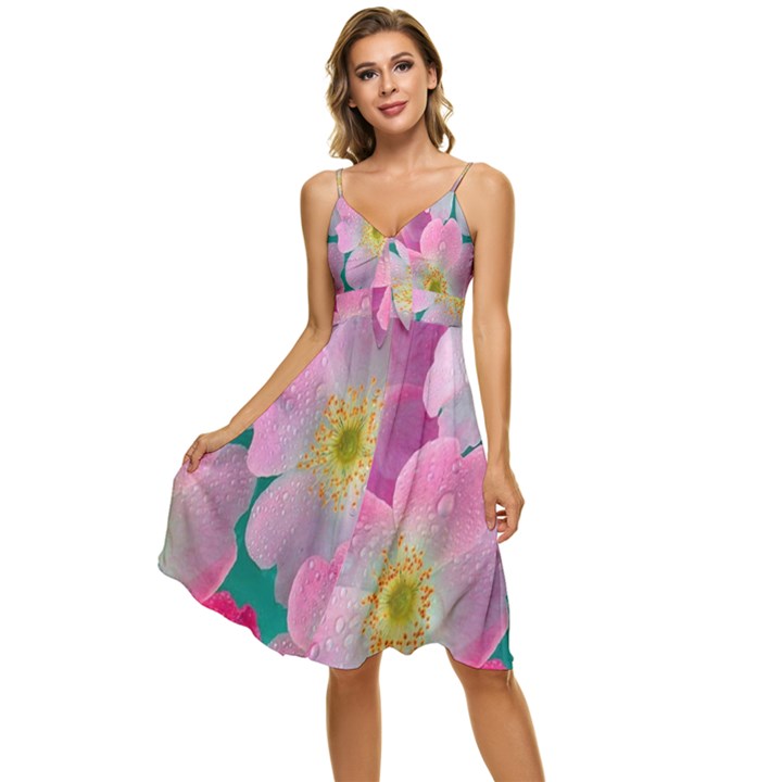 Pink Neon Flowers, Flower Sleeveless Tie Front Chiffon Dress