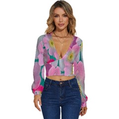 Pink Neon Flowers, Flower Long Sleeve Deep-v Velour Top by nateshop