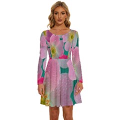 Pink Neon Flowers, Flower Long Sleeve Wide Neck Velvet Dress by nateshop