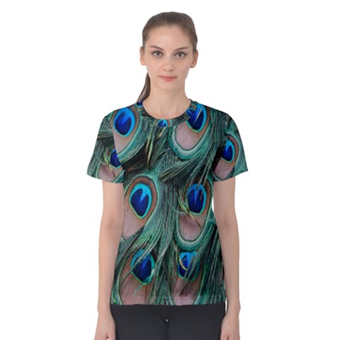 Peacock-feathers,blue2 Women s Cotton T-shirt by nateshop