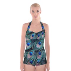 Peacock-feathers,blue2 Boyleg Halter Swimsuit  by nateshop