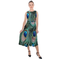 Peacock-feathers,blue2 Midi Tie-back Chiffon Dress by nateshop