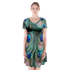 Peacock-feathers,blue2 Short Sleeve V-neck Flare Dress by nateshop