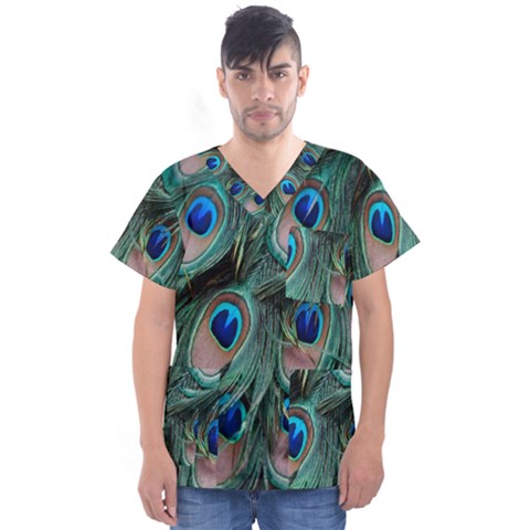 Peacock-feathers,blue2 Men s V-neck Scrub Top by nateshop