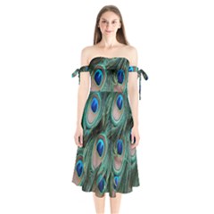 Peacock-feathers,blue2 Shoulder Tie Bardot Midi Dress by nateshop