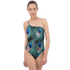 Peacock-feathers,blue2 Classic One Shoulder Swimsuit by nateshop