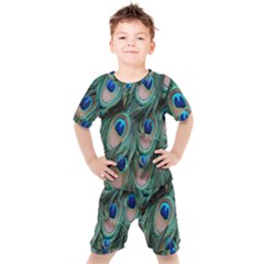 Peacock-feathers,blue2 Kids  T-shirt And Shorts Set