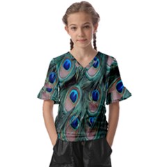 Peacock-feathers,blue2 Kids  V-neck Horn Sleeve Blouse by nateshop