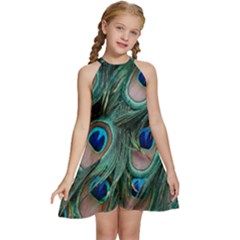 Peacock-feathers,blue2 Kids  Halter Collar Waist Tie Chiffon Dress by nateshop