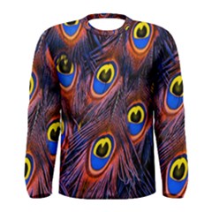 Peacock-feathers,blue,yellow Men s Long Sleeve T-shirt by nateshop