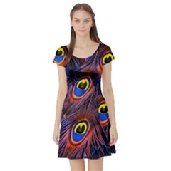 Peacock-feathers,blue,yellow Short Sleeve Skater Dress by nateshop