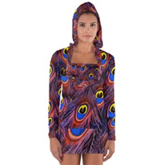 Peacock-feathers,blue,yellow Long Sleeve Hooded T-shirt by nateshop