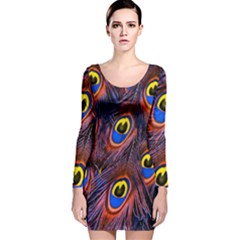 Peacock-feathers,blue,yellow Long Sleeve Velvet Bodycon Dress by nateshop