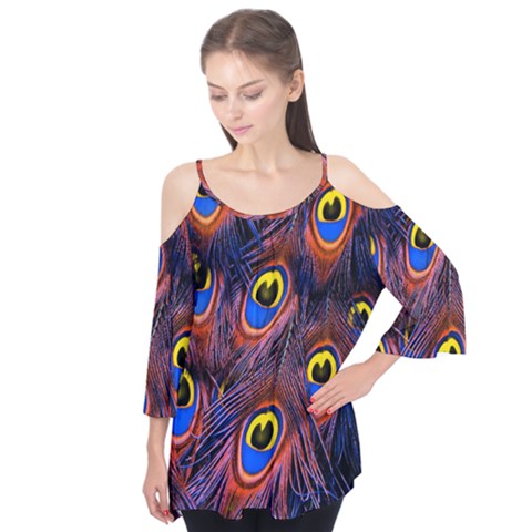 Peacock-feathers,blue,yellow Flutter Sleeve T-shirt  by nateshop