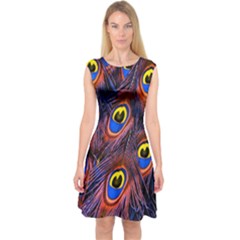 Peacock-feathers,blue,yellow Capsleeve Midi Dress by nateshop