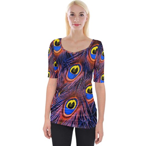 Peacock-feathers,blue,yellow Wide Neckline T-shirt by nateshop