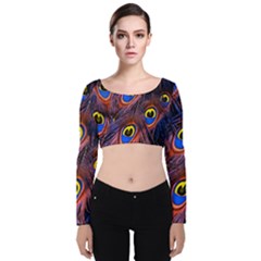 Peacock-feathers,blue,yellow Velvet Long Sleeve Crop Top by nateshop