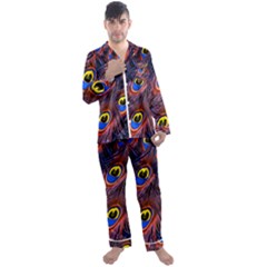 Peacock-feathers,blue,yellow Men s Long Sleeve Satin Pajamas Set by nateshop