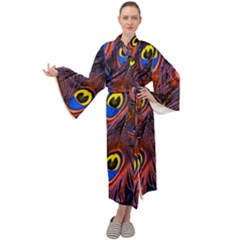 Peacock-feathers,blue,yellow Maxi Velvet Kimono by nateshop