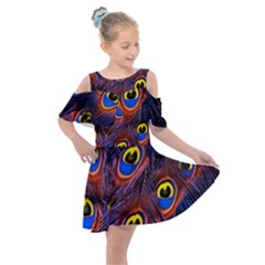 Peacock-feathers,blue,yellow Kids  Shoulder Cutout Chiffon Dress by nateshop