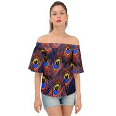 Peacock-feathers,blue,yellow Off Shoulder Short Sleeve Top by nateshop