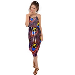 Peacock-feathers,blue,yellow Waist Tie Cover Up Chiffon Dress